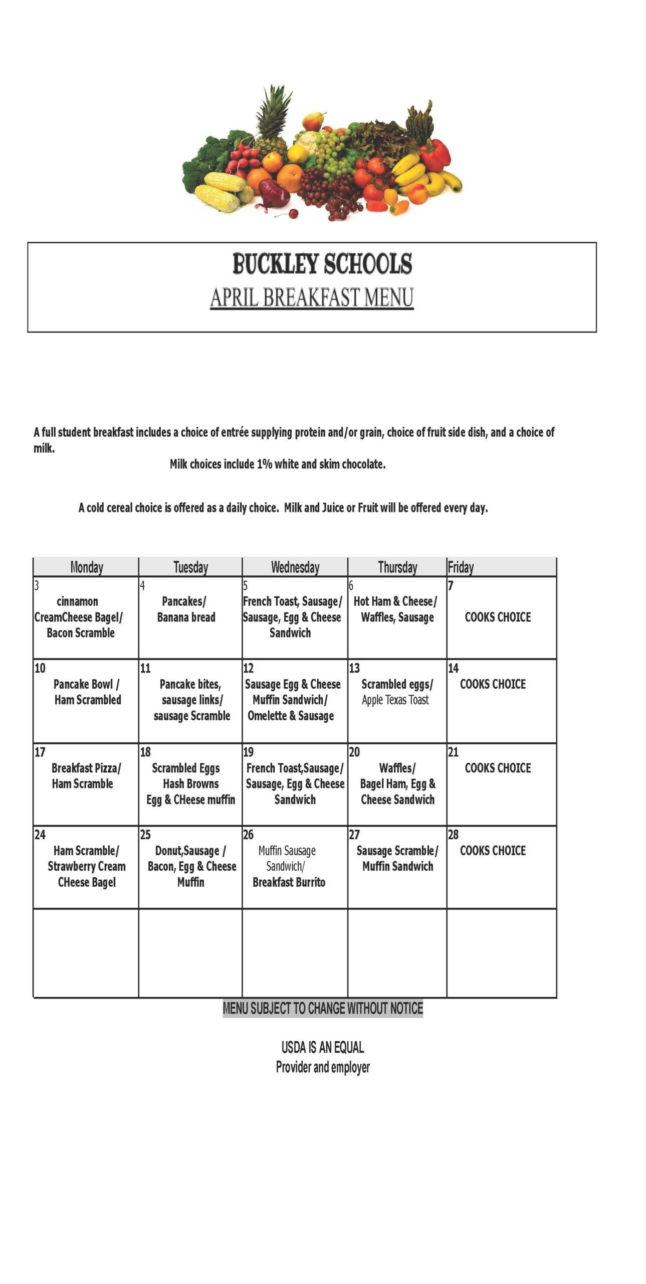 April Breakfast Menu 2023 April Breakfast Menu 2023