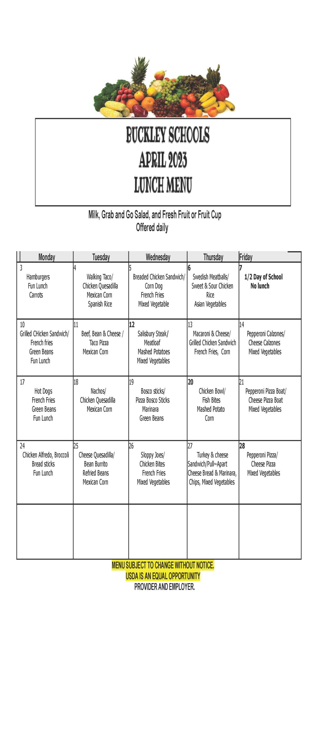 Lunch Menu April 2023 Lunch Menu April 2023